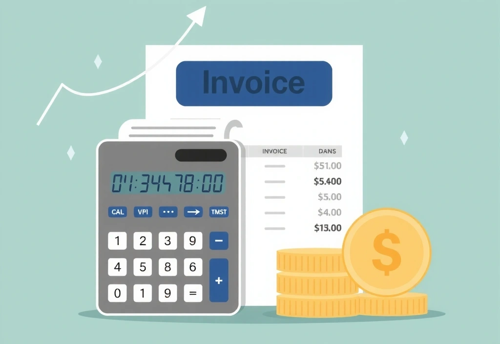 Ilustrace kalkulačky, faktury a mincí, symbolizující platbu a ceny.