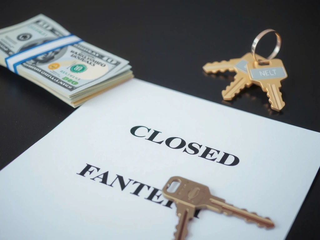 Peníze, klíče a smlouva na stole, symbolizující uzavření dohody.