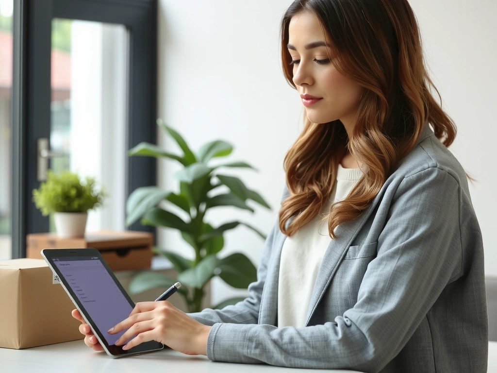 Žena vyplňuje online formulář na tabletu, symbolizující objednávku služeb.