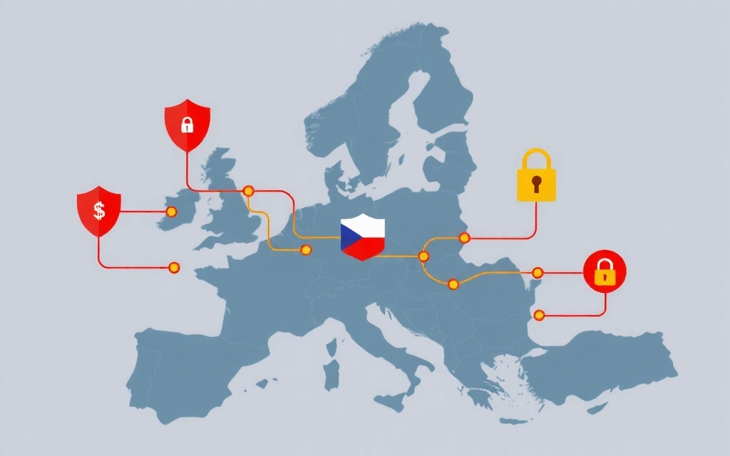 Mapa s vyznačenou Evropskou unií a zabezpečeným datovým tokem