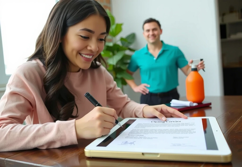 Šťastná klientka podepisuje smlouvu s úklidovou firmou, symbolizující snadné objednání.