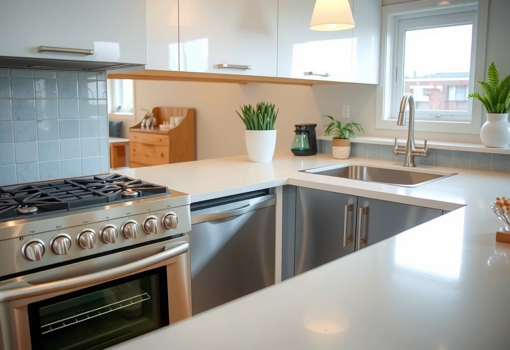 Detailní záběr na lesklou kuchyňskou linku po hloubkovém úklidu