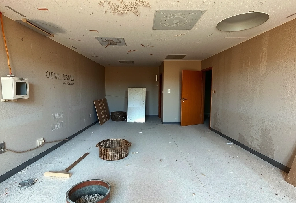 Stavební prach a nepořádek v místnosti po rekonstrukci, připravené k úklidu