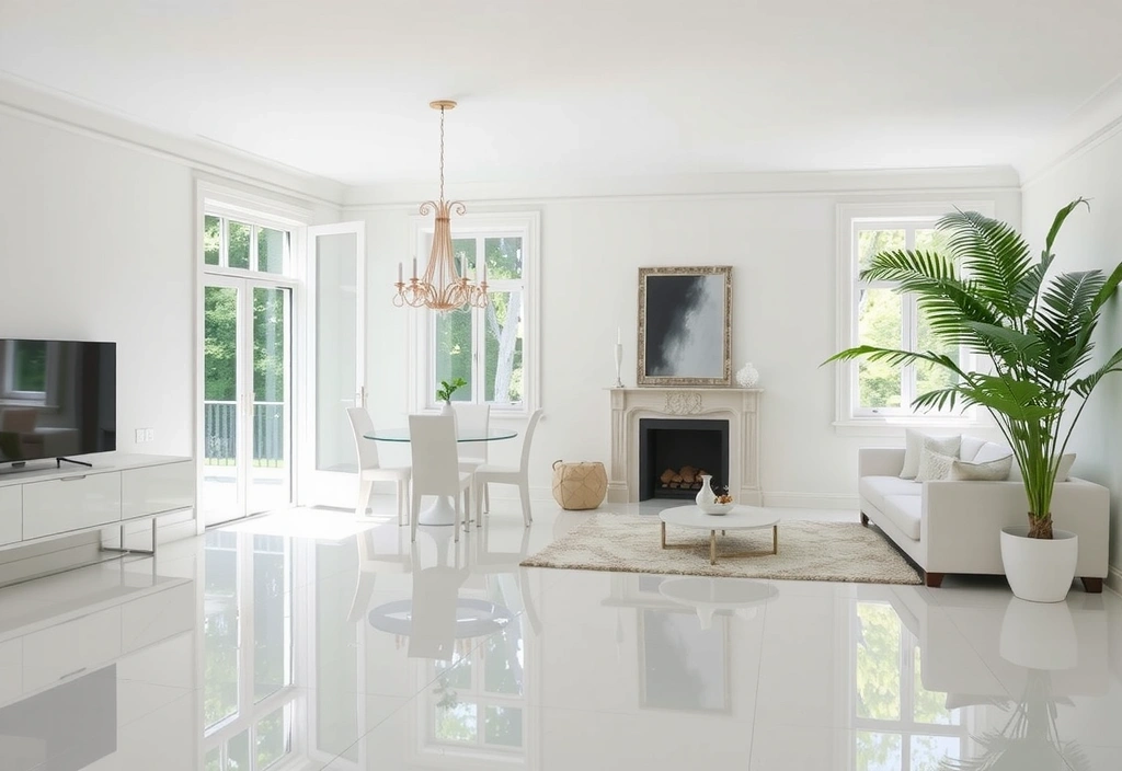 Uklizený obývací pokoj s čistým nábytkem a lesklou podlahou