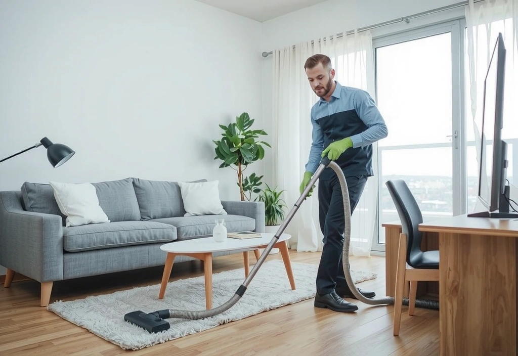 Žena uklízející obývací pokoj s vysavačem