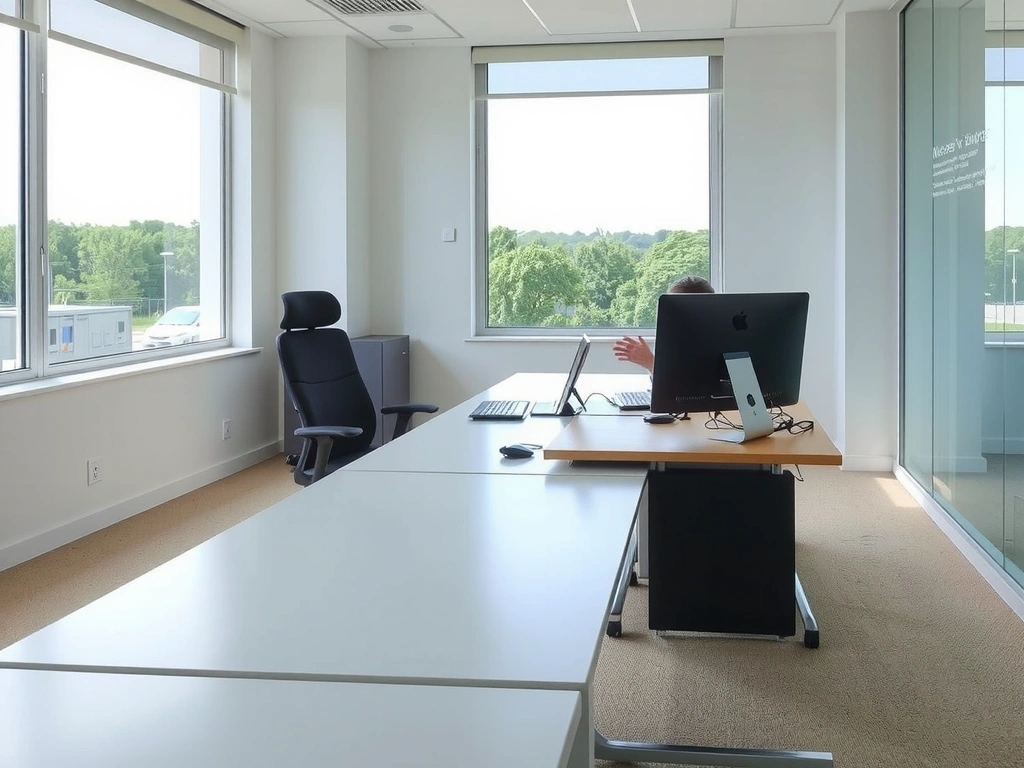 Moderní, čistá kancelář s jasnými okny a ergonomickým nábytkem