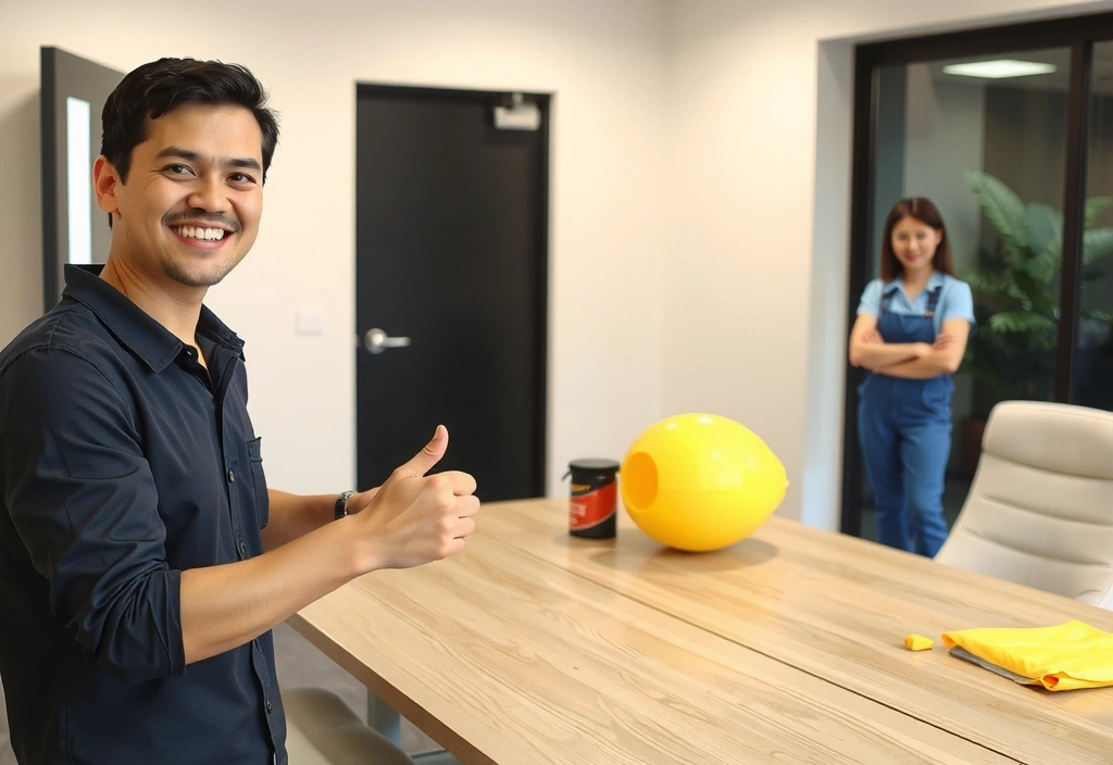 Spokojený klient kontroluje čistou kancelář po úklidu