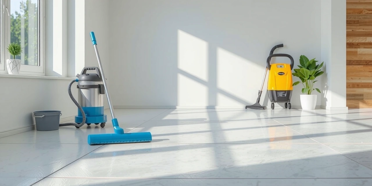 Moderní interiér s čistými liniemi a úklidovým vybavením